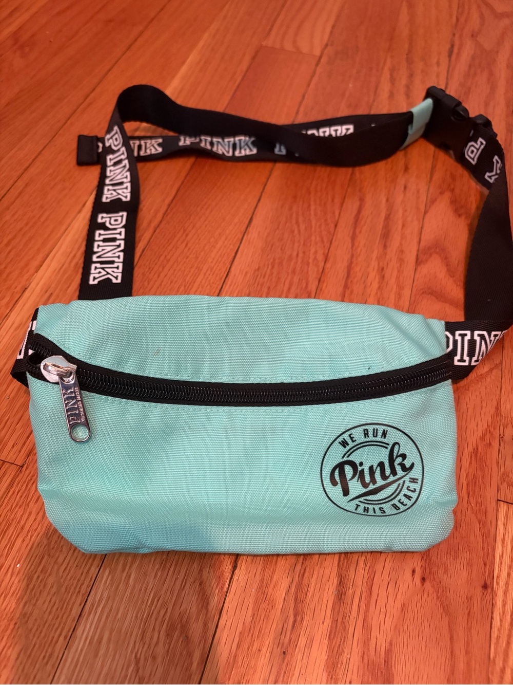 PINK Victoria's Secret Mint Green Belt Bag with Branded Black Strap